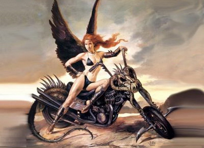 крылатая рыжая женщина в купальнике на адском мотоцикле. эротическая живопись и графика, ню, живопись