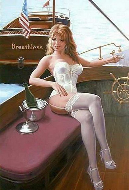 девушка в нижнем белье на палубе яхты с бокалом вина, ню, живопись
