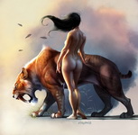 девушка и саблезубый тигр рисунок женщины с животным 03103
