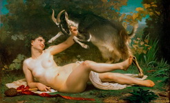 девушка играющая с козлом рисунок женщины с животным 03113
