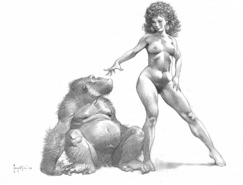 голая курчавая красотка заигрывает с большим шимпанзе, рисунок карандашом