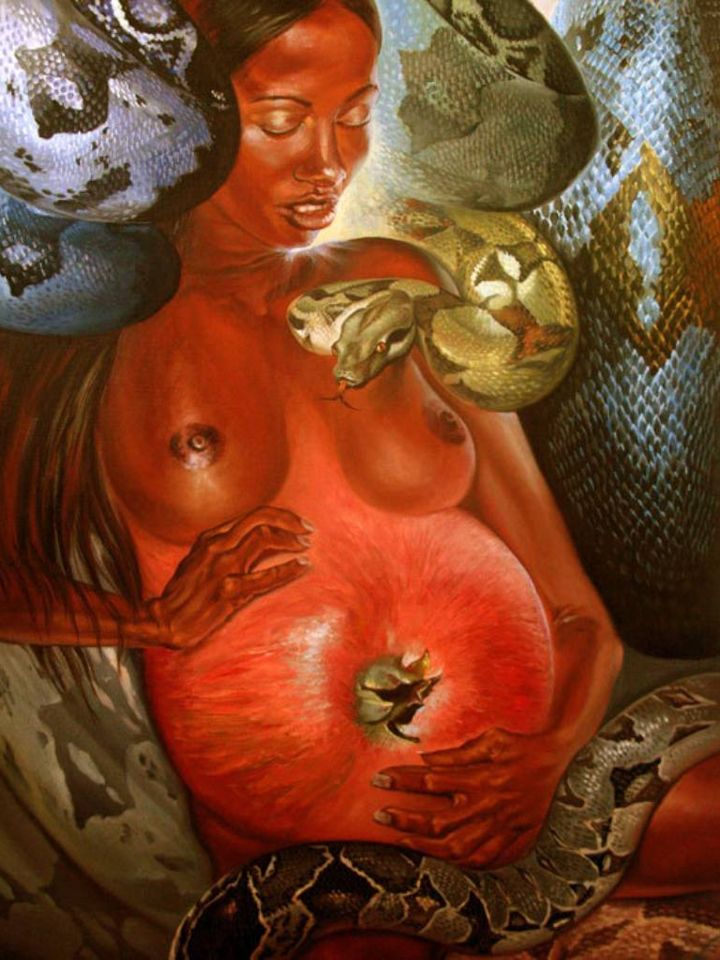 Ева и змей. Голая краснокожая женщина с тыквой вместо живота и отвратительной змеей в промежности. картина, сюрреализм