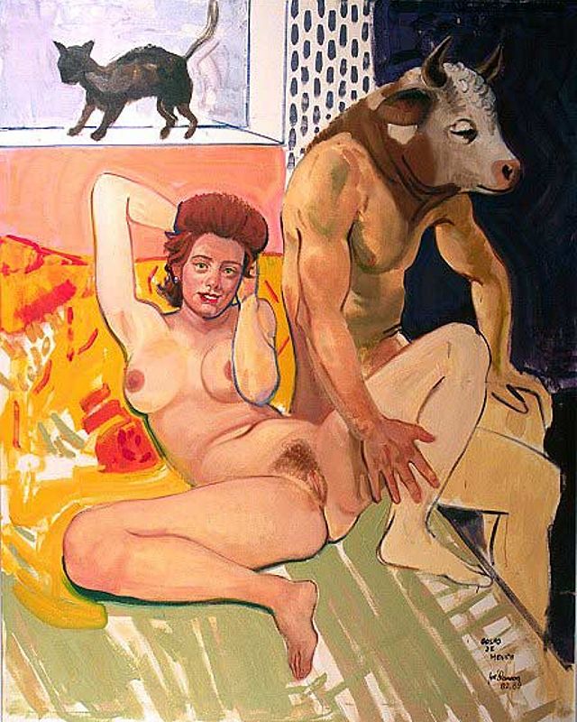 голая женщина лежит на постели раздвинув ноги после секса с Минотавром, живопись