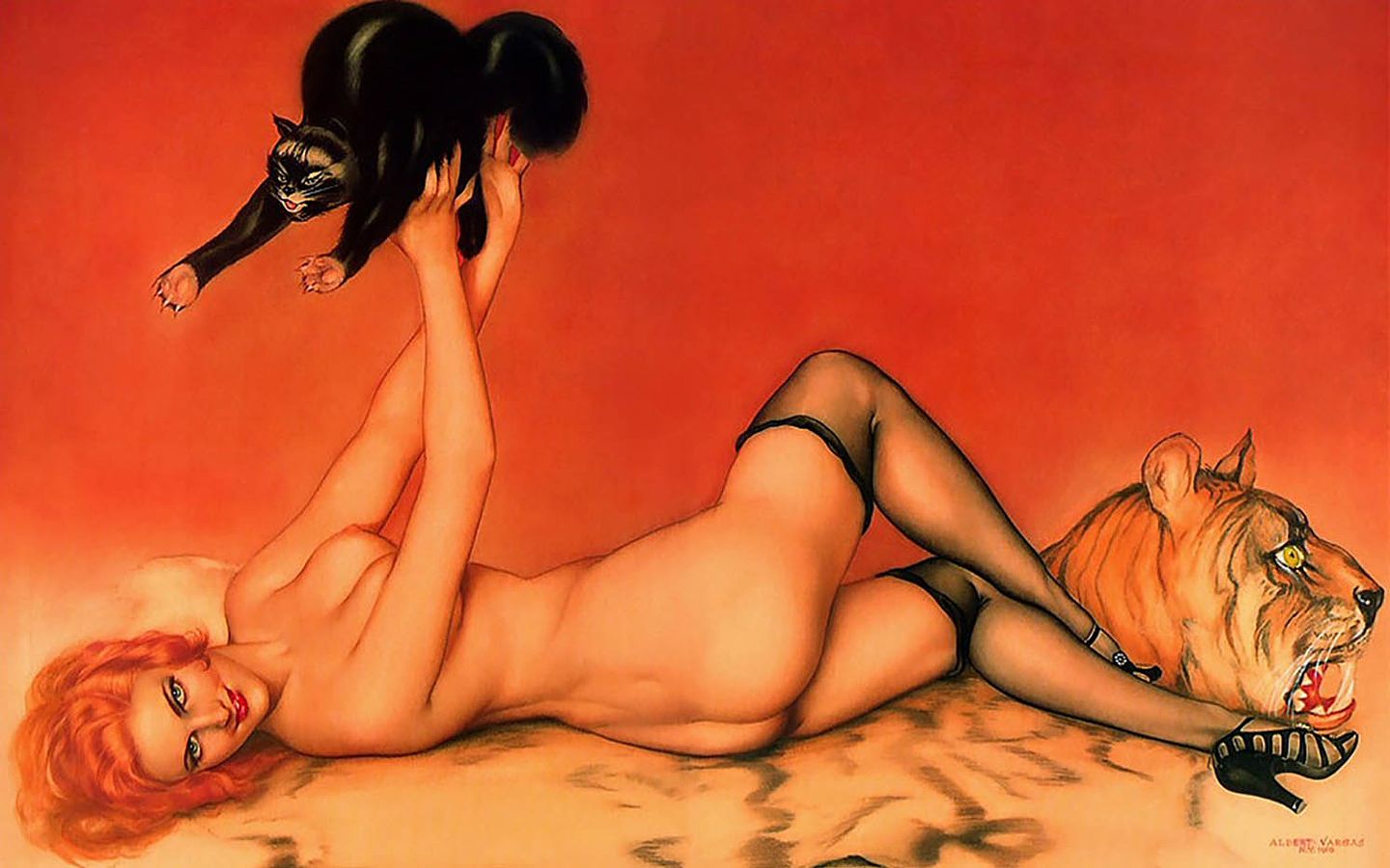 голая девушка в чулочках лежит на тигриной шкуре с черным котом на руках, рисунок пин ап