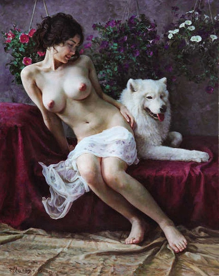 голая девушка сидит рядом с большим белым псом, картина