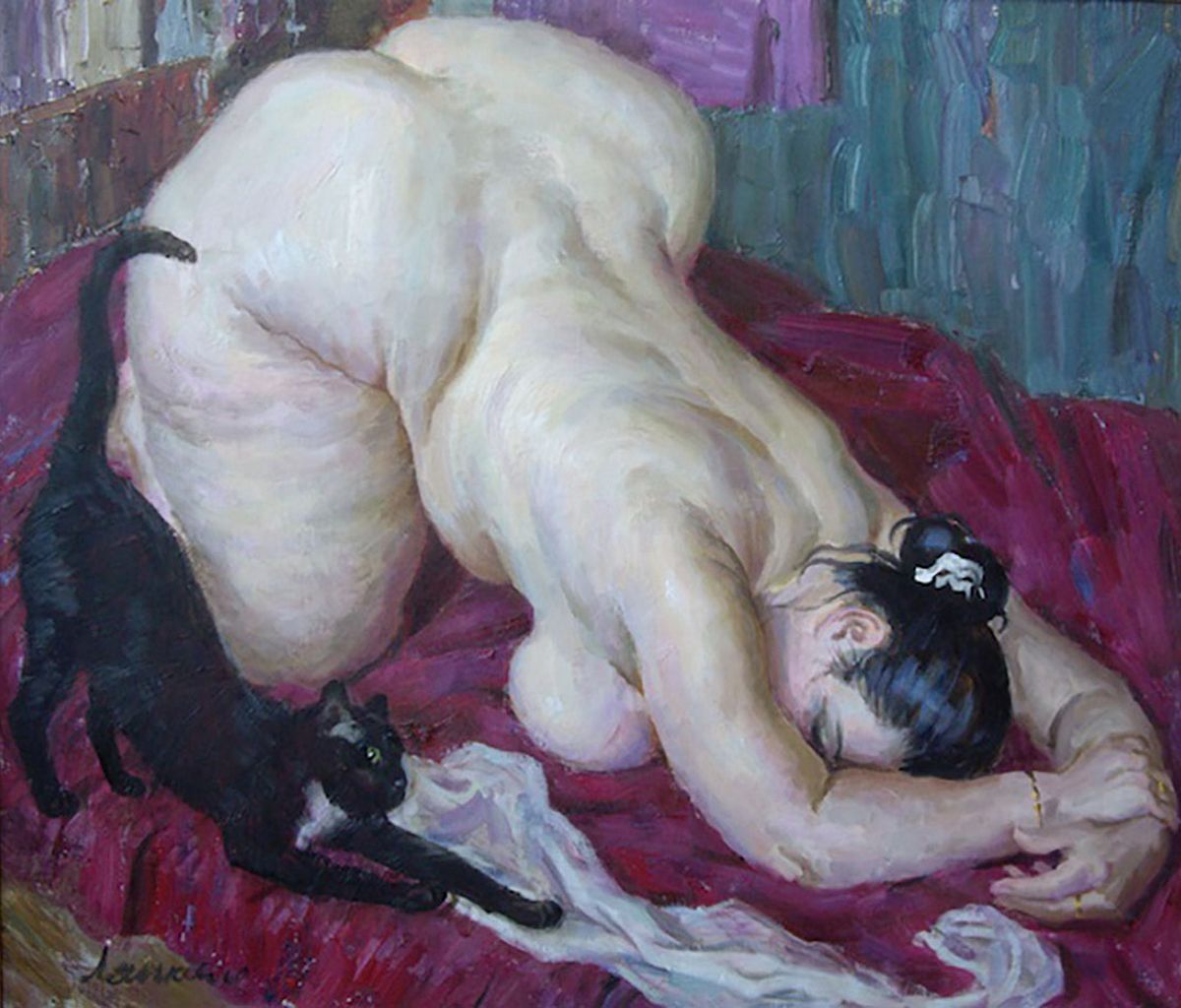 две кошки, толстая голая женщина стоит на коленях в той же позе, что и ее любимая кошка, картина маслом 
