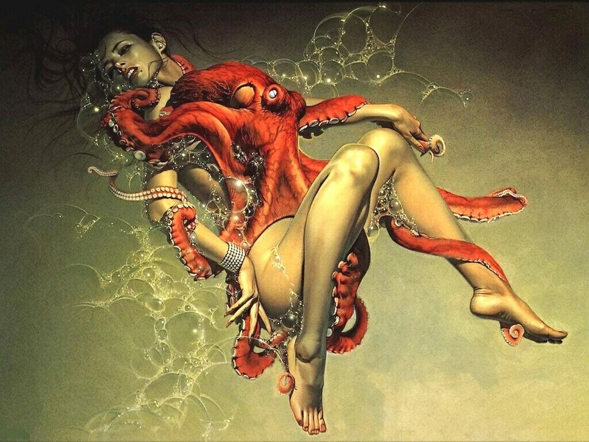 обнаженная девушка и присосавшийся к ее телу осьминог, рисунок Хаджиме Сораяма