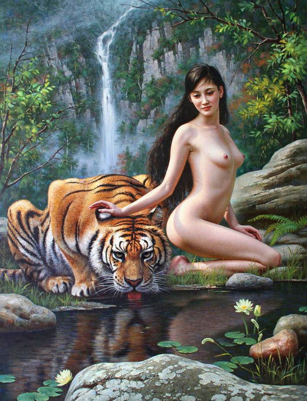 голая девушка сидит на коленях у водопада, гладя тигра по голове, живописная работа