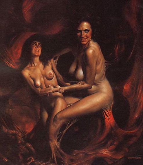 Адские лесбиянки, живопись голые женщины и животные