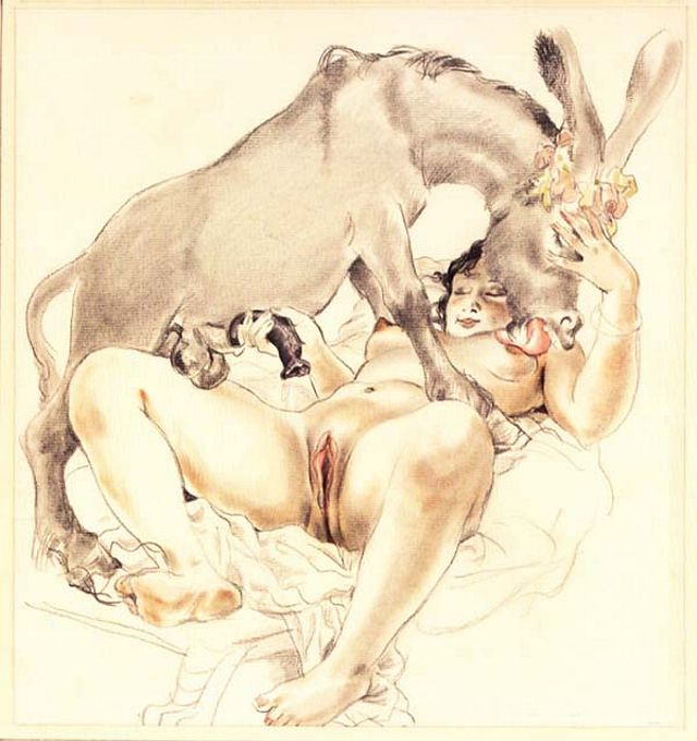 голая женщина лежит раскинув ноги под стоящим над ней ослом и держит в руке егоо пенис, рисунок