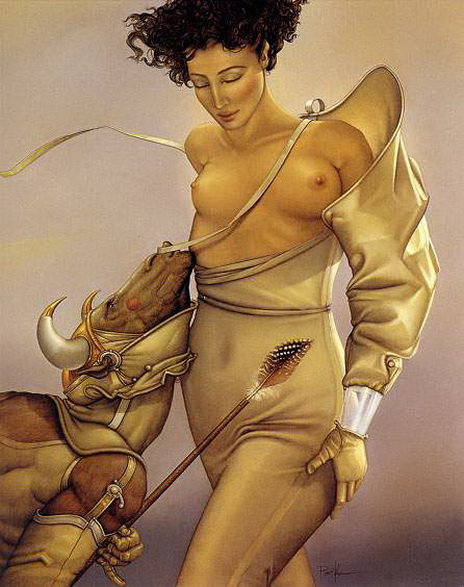Животная любовь, Рогатый козел губами снимает одежду с девушки воина, живопись голые женщины и животные