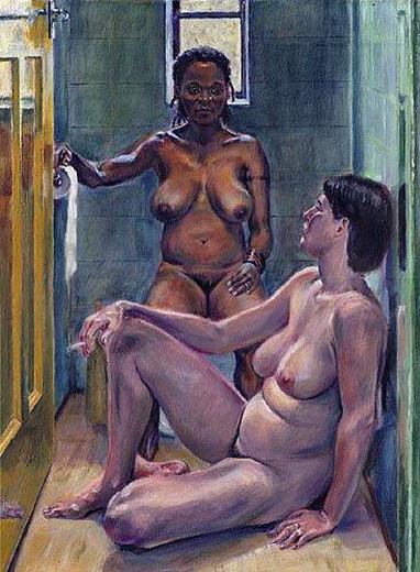 На унитазе, живопись голые женщины и животные