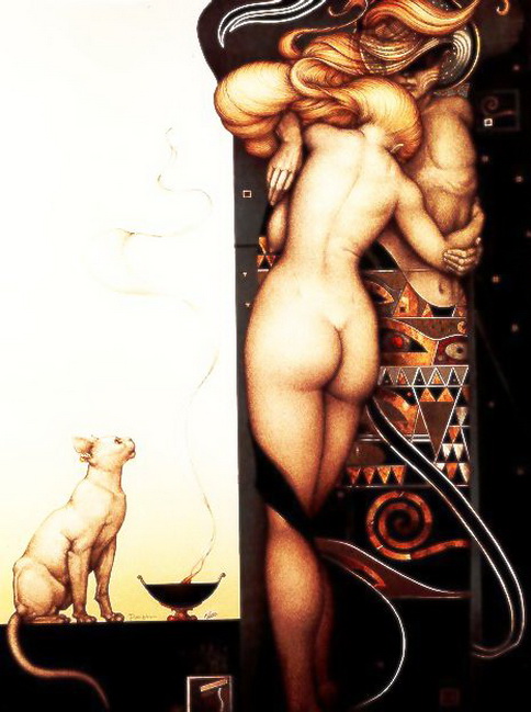 Женщина с котом, голая женщина обнимает мужчину с кошачьей головой, живопись голые женщины и животные