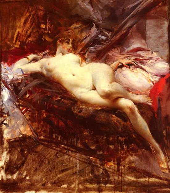 В мазках, пышная голая женщина лежит на кровати среди хаотичных мазков краски, живопись голые женщины и животные