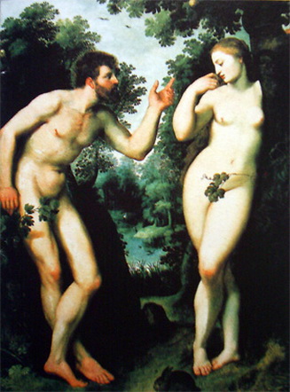 Адам уговаривает голую Еву не есть яблоко