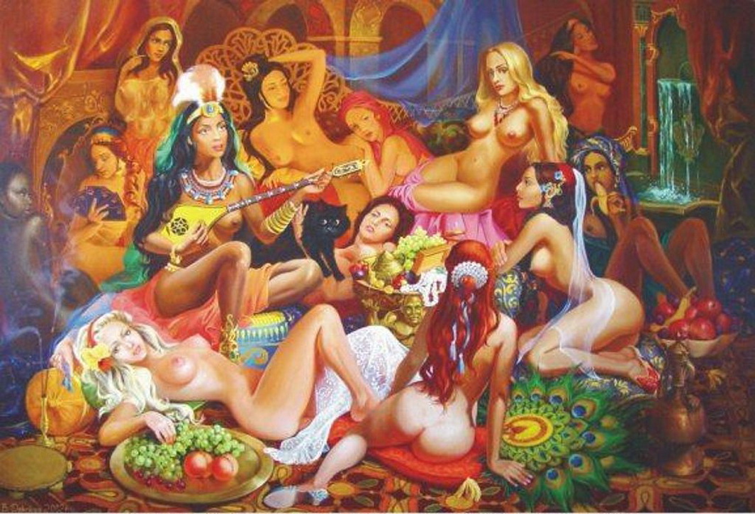 Девушки в гареме, жены в гареме развлекаются бананами и фруктами, эротическая живопись, голые женщины