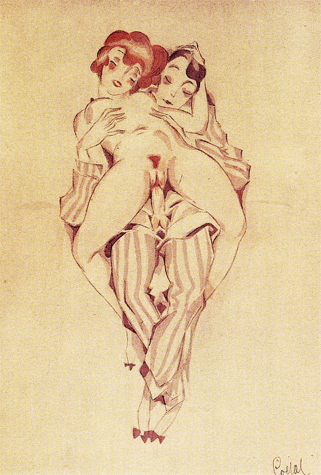 обнаженная девушка насажена на член сидящего мужчины в полосатом костюме, живопись голые женщины и животные