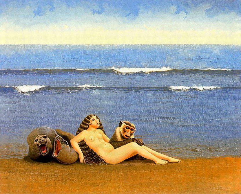 обнаженная женщина с котиками и обезьяной на пляже, эротический рисунок