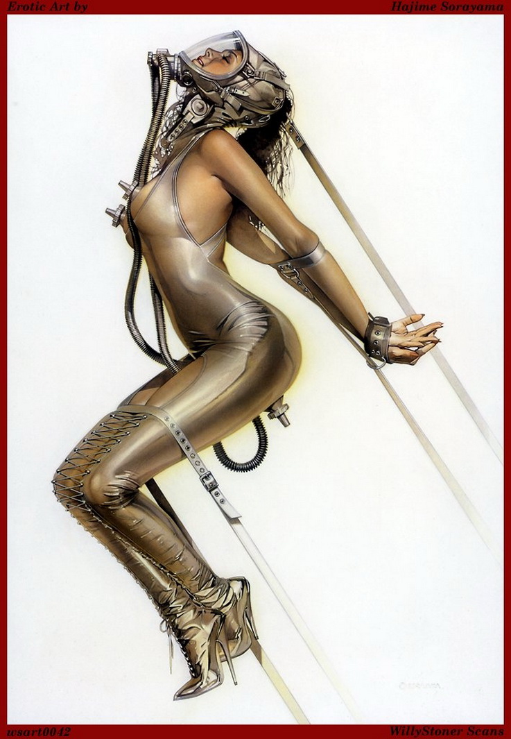 женщина в обтягивающем костюме со вставленным в вульву клапаном, Сораяма, рисованный порно арт