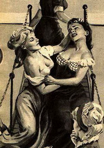 женские разборки, красотки с голыми сиськами таскают друг друга за волосы, рисунок секса 