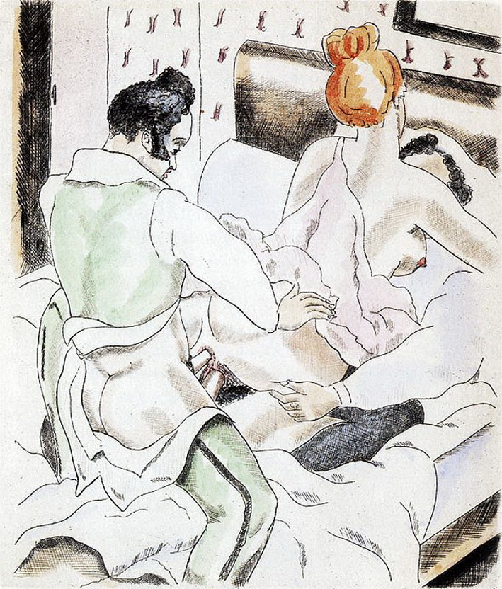 двое мужчин трахают рыжую толстую тетку с двойным проникновением в анус и вульву, рисунок секса