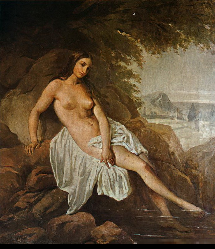 Голая женщина на камнях у воды, рисунок секса