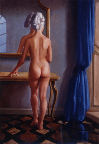 Утренний туалет обнаженной женщины перед зеркалом, рисунок секса