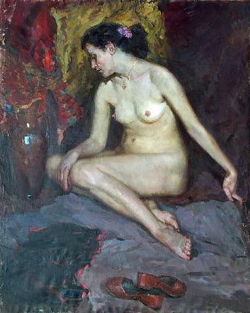 живописная работа с изображением голой зрелой женщины сидящей возле кувшина 