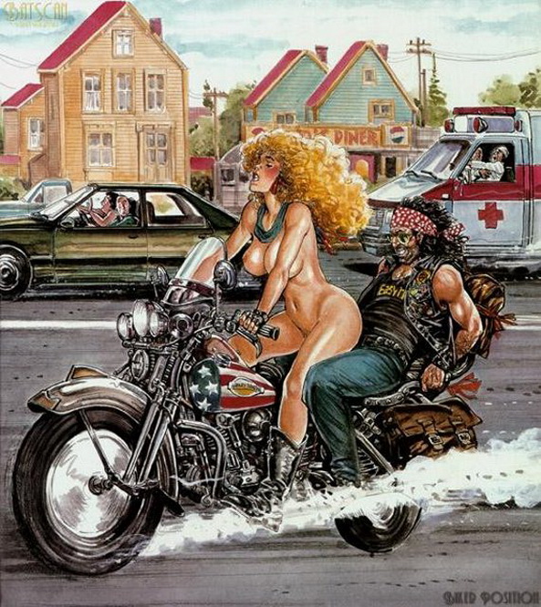 байкерша сидит на пенисе мужика на мотоцикле, поза секса байк, порно арт, порно рисунок