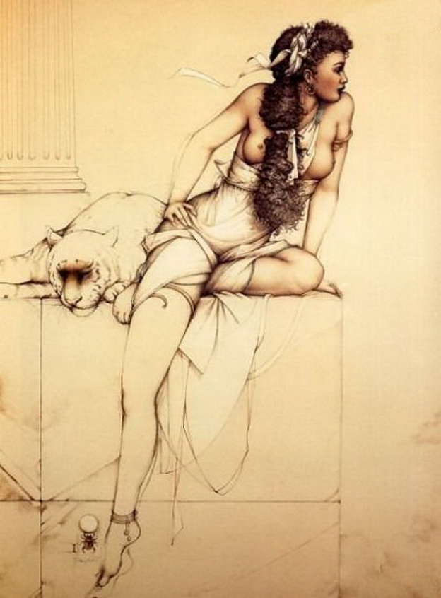 рисунок сидящей полуголой богини с дикой кошкой, порно арт, порно рисунок