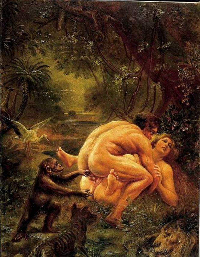 секс мужчины с толстой голой теткой в джунглях среди животных, одна из первых иллюстраций к Тарзану, порно арт, порно рисунок