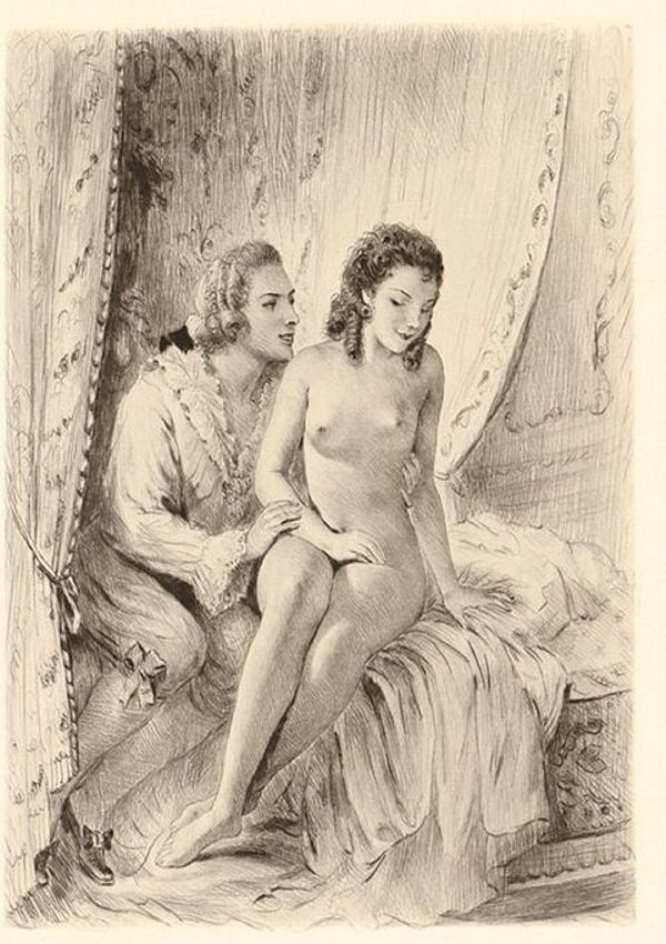 молодой аристократ соблазняет обнаженную девушку сидя на постели, порно арт, порно рисунок