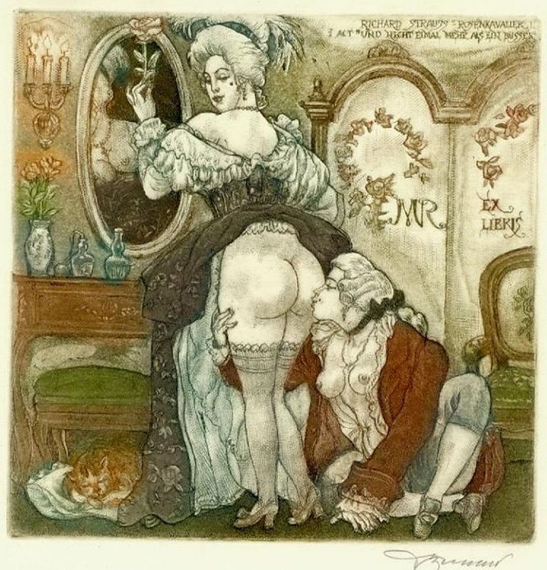 мужчина в буклях целует в попу напудренную даму, порно арт, порно рисунок
