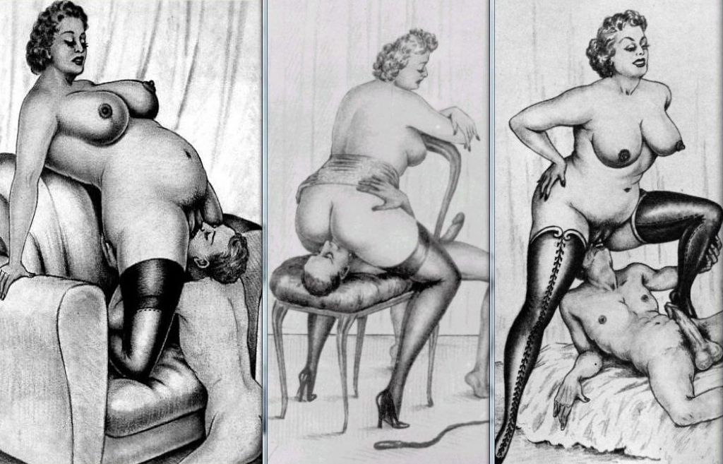 триптих с женским доминирование толстой тетки над худеньким мужчиной делающем ей куни, порно арт, порно рисунок