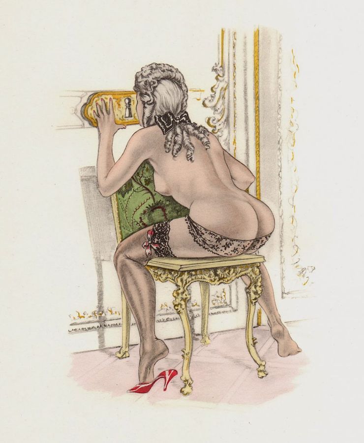 голая служанка мастурбирует сидя верхом на стуле, подглядывая за сексом своей госпожи в замочную скважину, порно арт, порно рисунок
