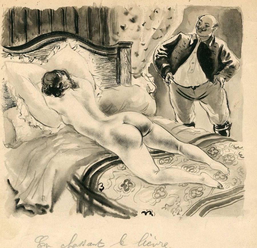 довольный толстый пожилой муж смотрит на голую молодую жену плачущую в кровати после первого секса, порно арт, порно рисунок