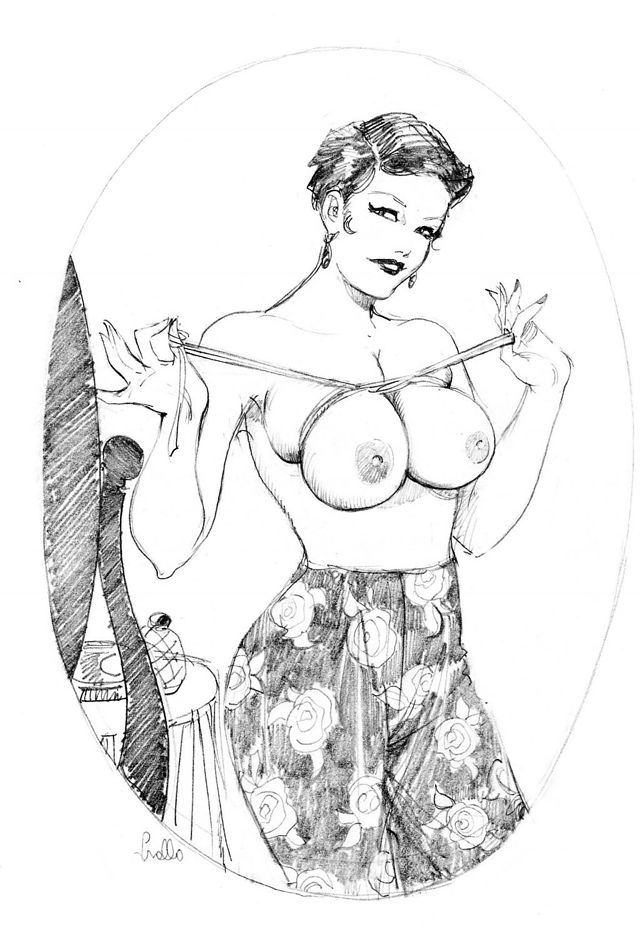 женщина с большими сиськами перед зеркалом стягивает свои груди пояском от халатика, порно арт, порно рисунок