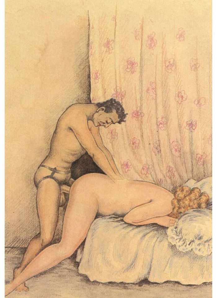 мужчина в трусах для секса вставляет сзади член в попу толстой голой женщине лежащей животом на кровати, порно арт, порно рисунок