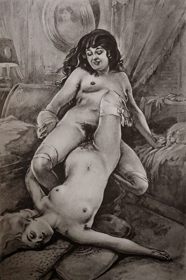 секс лесбиянок в перекрестной позе прижавшихся промежностями, порно арт, порно рисунок