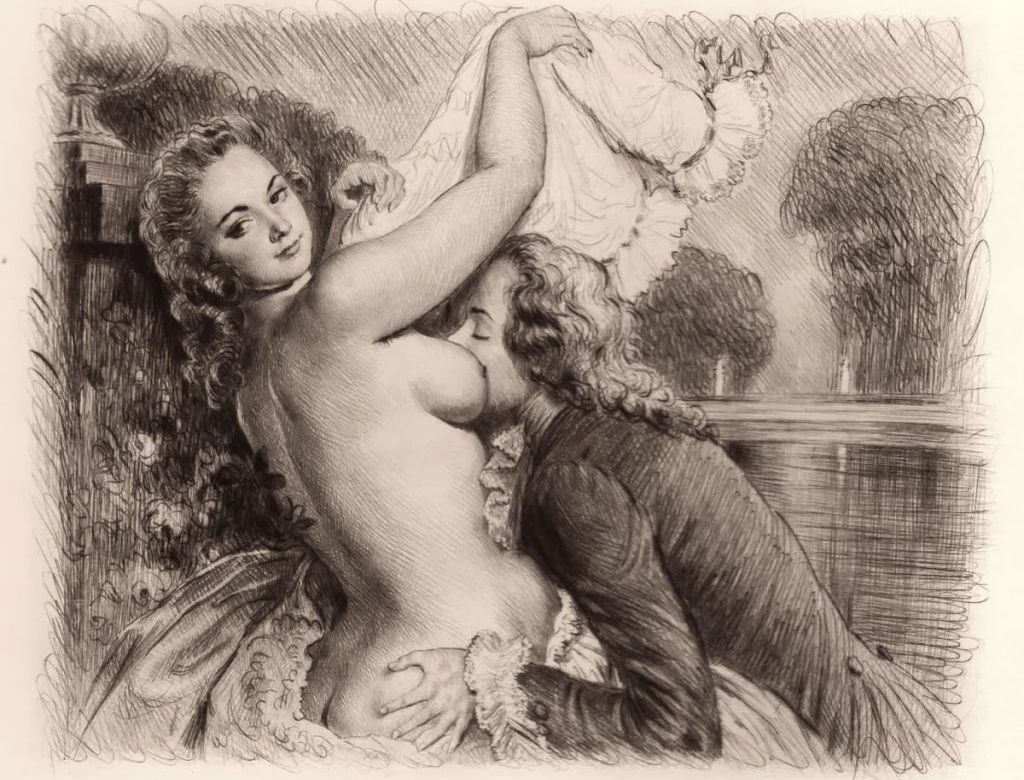 молодой аристократ целует голую грудь барышни, порно арт, порно рисунок