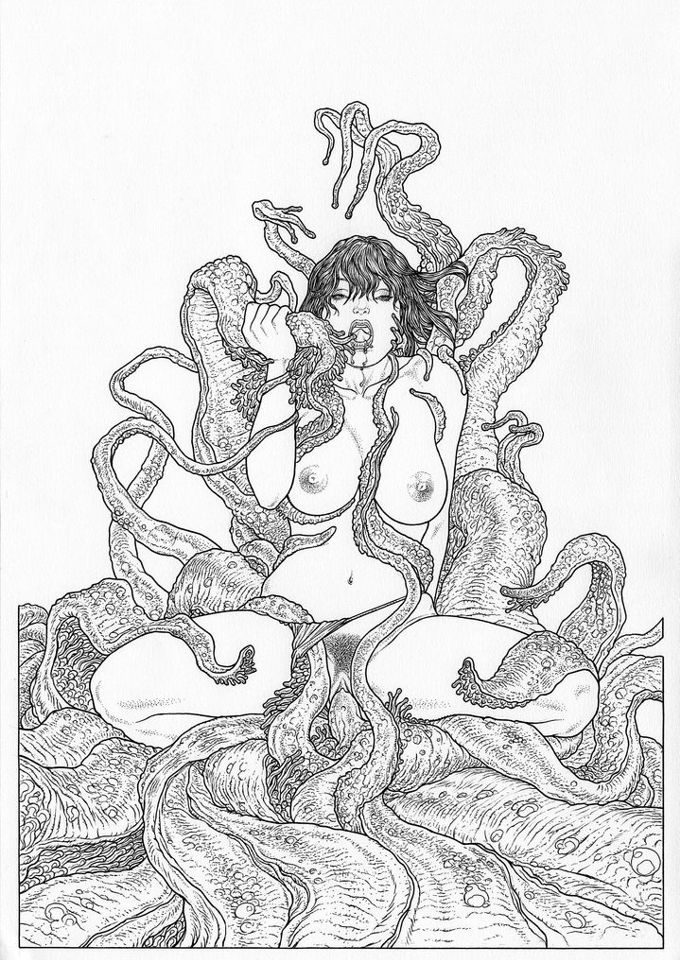 гравюра с девушкой в щупальцах тентакля, порно арт, порно рисунок