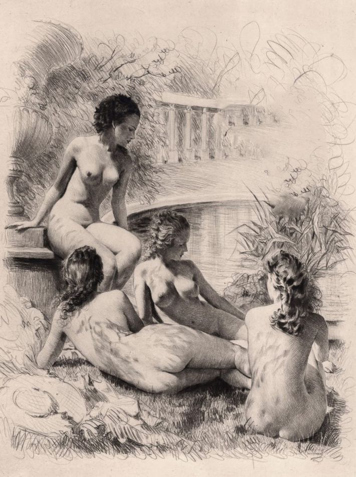 голые девушки загорают возле пруда, порно арт, порно рисунок