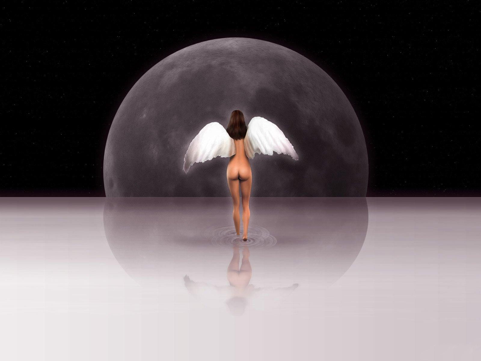 нарисованная девушка, толстопопый ангелочек на фоне луны