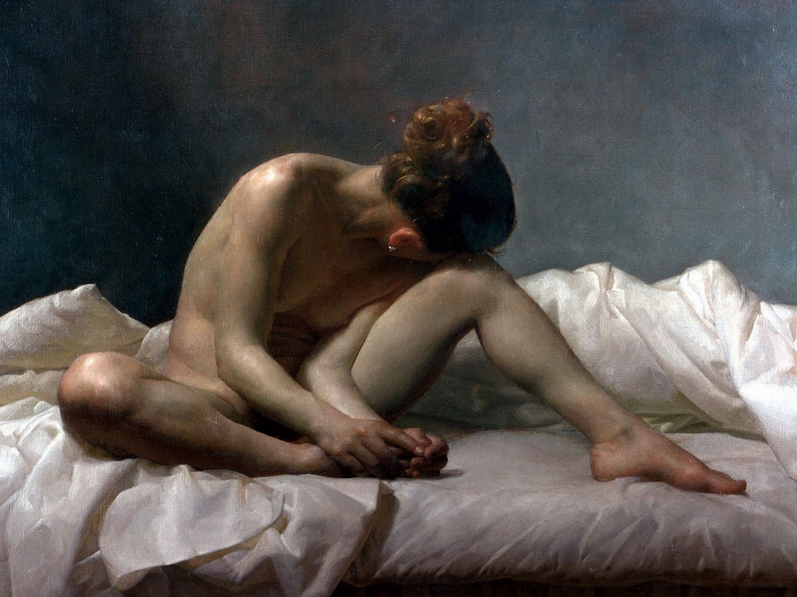 нарисованная девушка, девушка в голом виде в постели чистит ногти на ногах. бесплатные фоновый рисунок