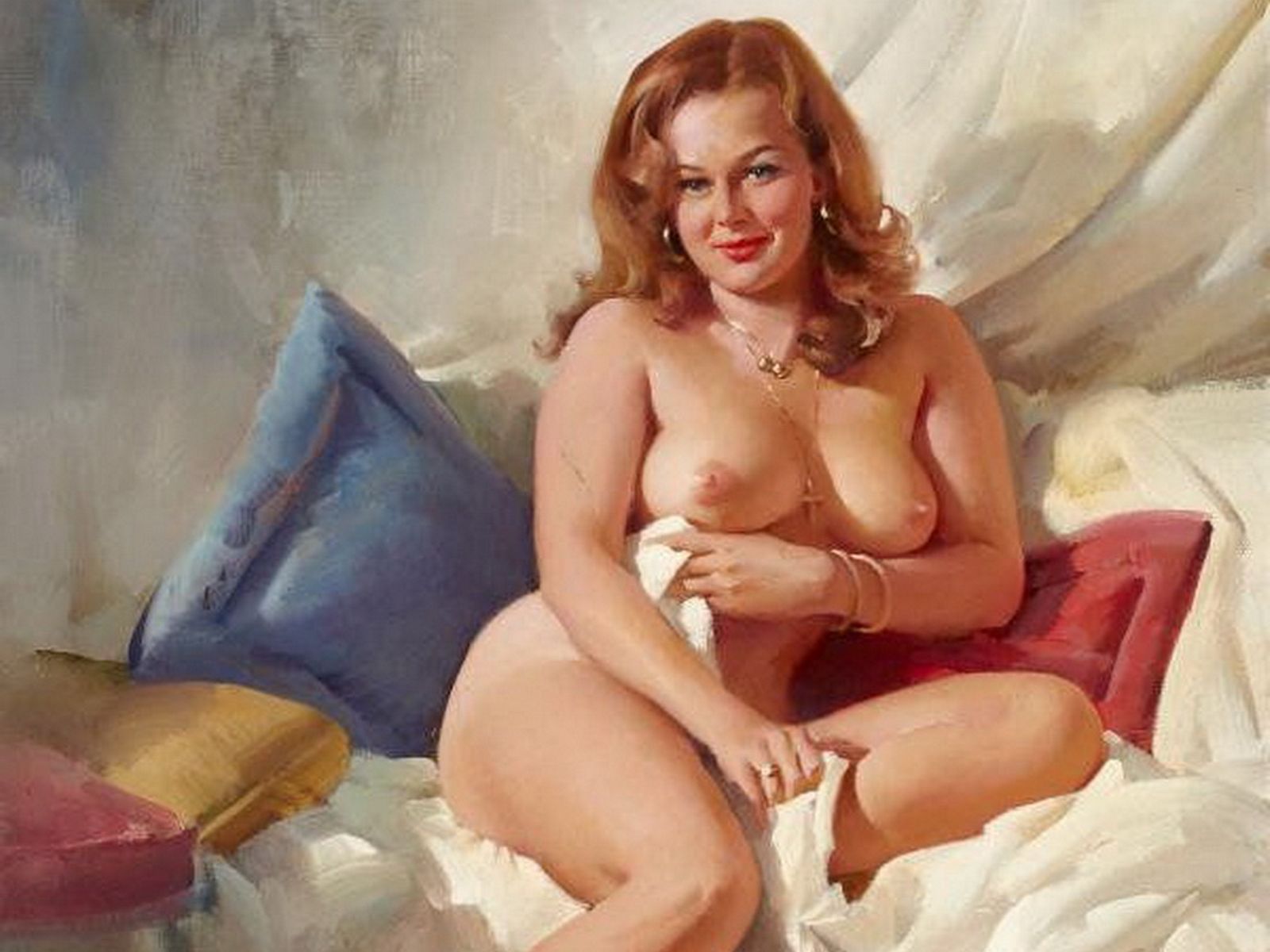 обои с рисованной эротикой, портрет толстой жены в неглиже на кровати