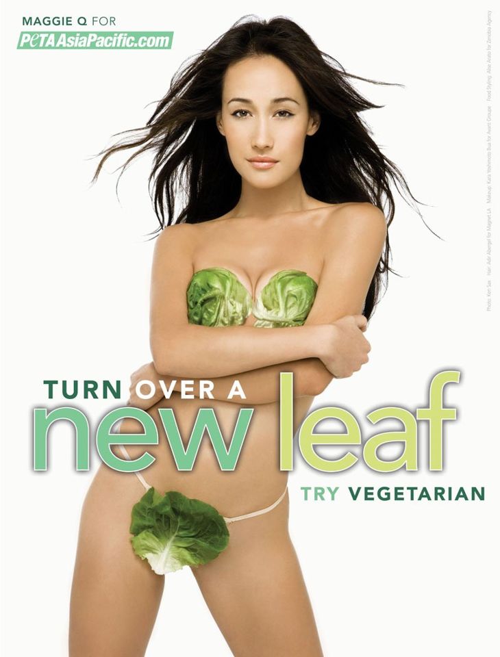 голая девушка в белье из капустных листьев. плакат с призывом к вегетарианству, сексуальная реклама, эротика в рекламе фото