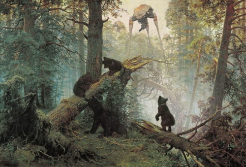 рекламный плакат с космическими пришельцами, медведи в лесу, бизнес картинка
