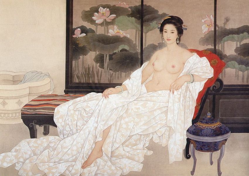 илююстрация к соннику по фен-шуй - китайская гравюра красивая китаянка с обнаженной грудью