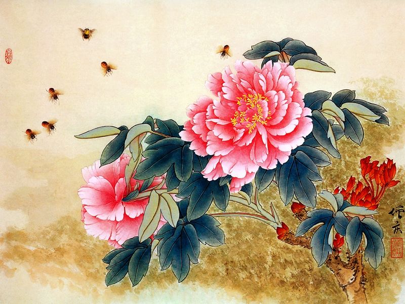 илююстрация к соннику по фен-шуй - китайская гравюра цветы и пчелы