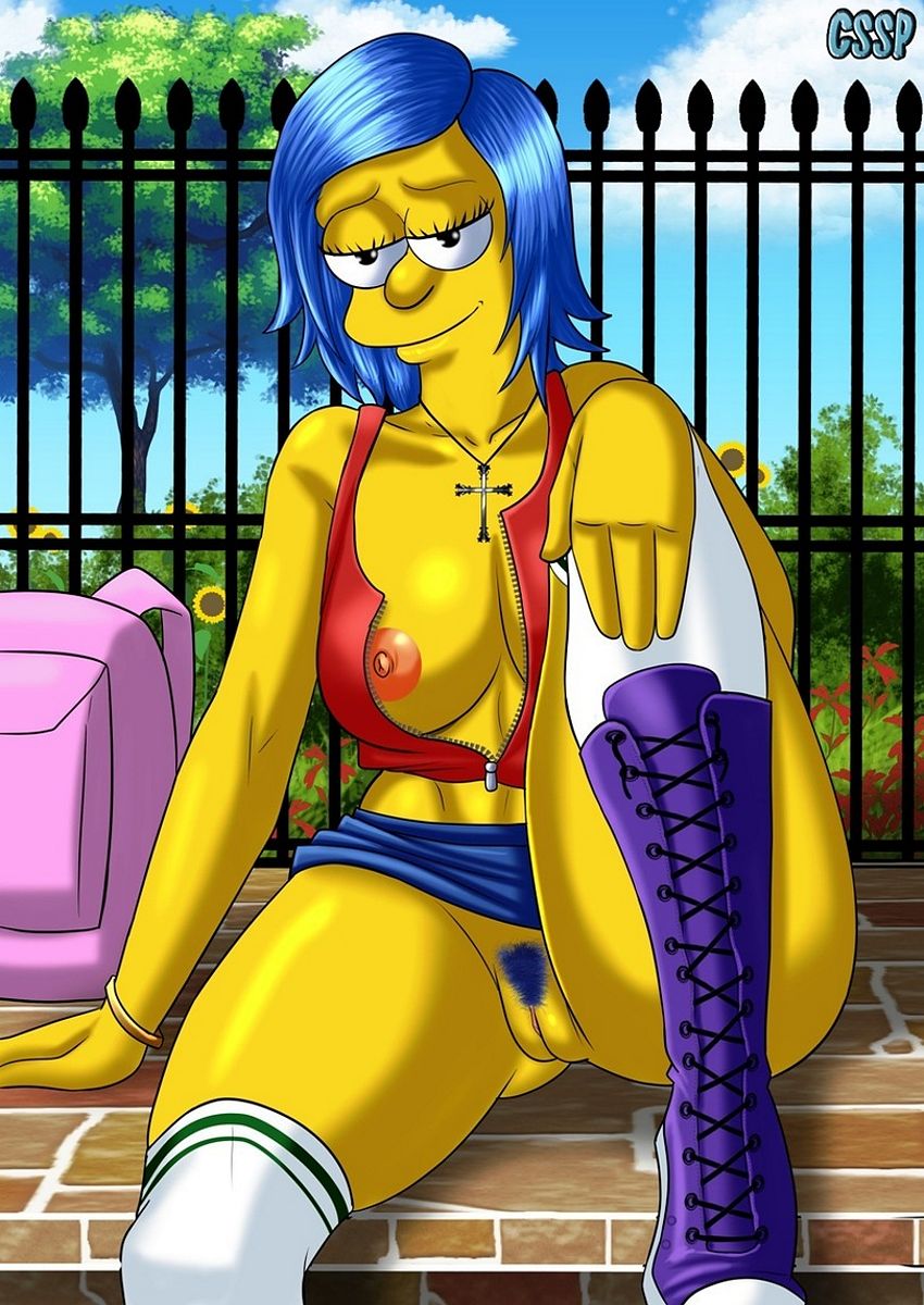 студентка Мардж Симпсон сидит без трусов у забора, сисястая Мардж Симпсон рисунок 01